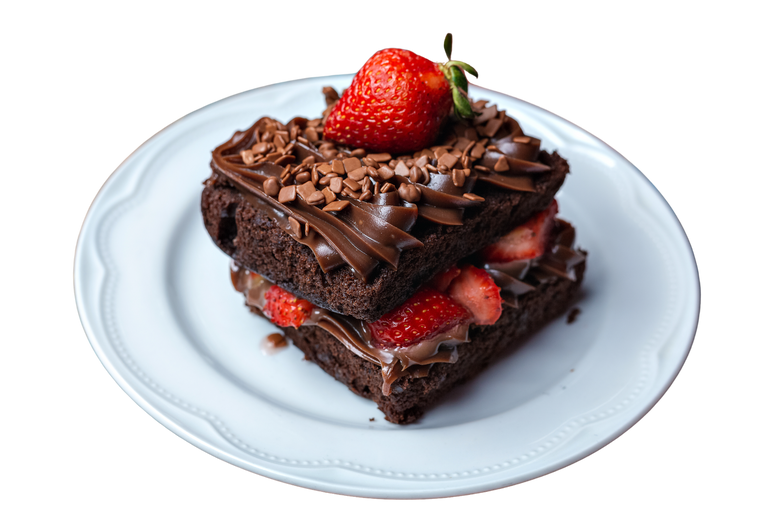 A Chocolate Cake With Strawberry on a Ceramic Plate